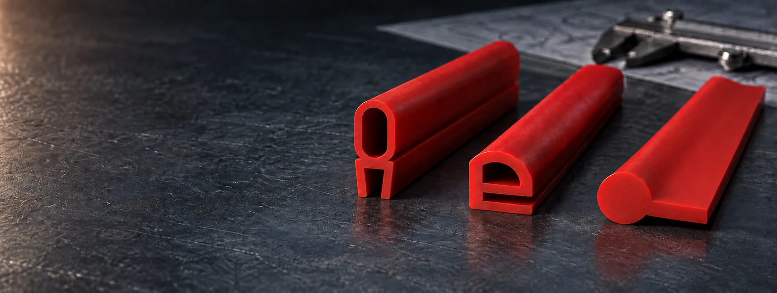 Red silicone U-channel bulb, E and stemmed profile samples