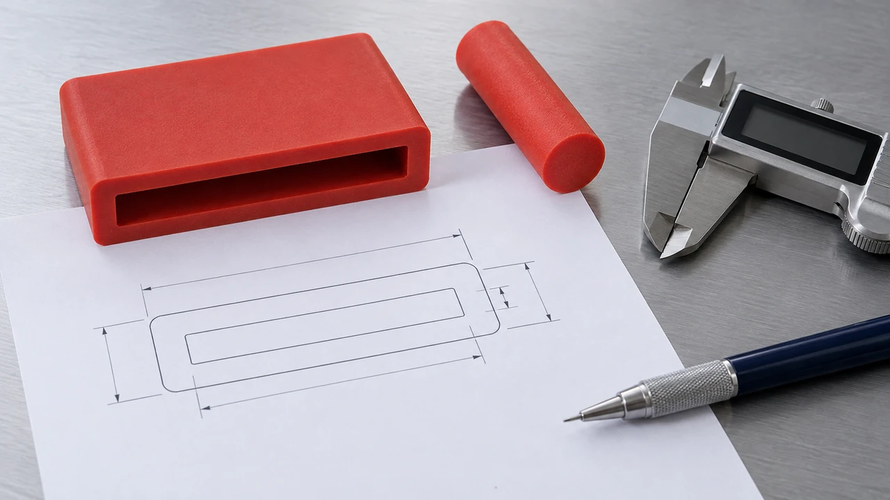 Box silicone profile sample, cross-section drawing, calliper and drawing pencil