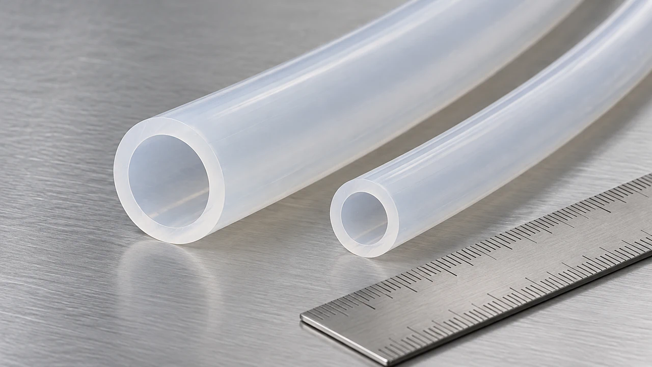 Clear silicone tubing in two different diameters, with the inside diameter and wall thickness visible