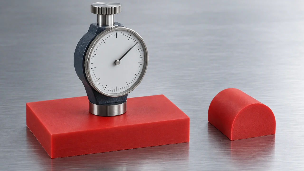Durometer and solid D profile illustrating hardness measurement on a flat silicone sample