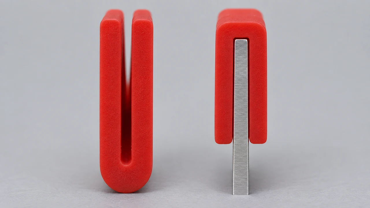 Illustrative view of an empty U-channel cross-section and a silicone channel aligned and seated on a thin metal edge